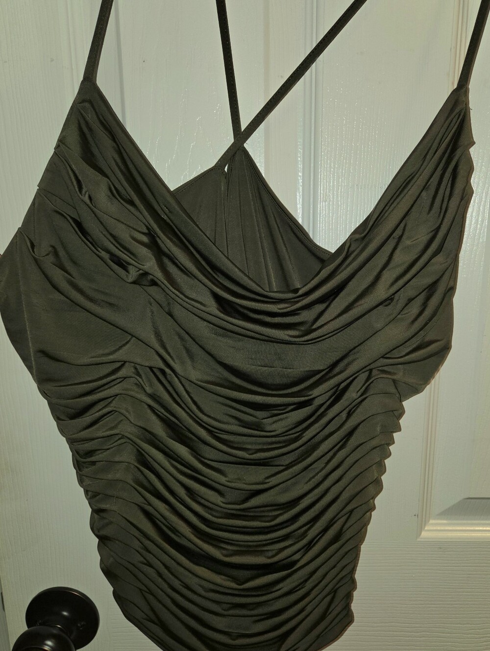 Express Olive Green Ruched Cowl Neck Contour Top
